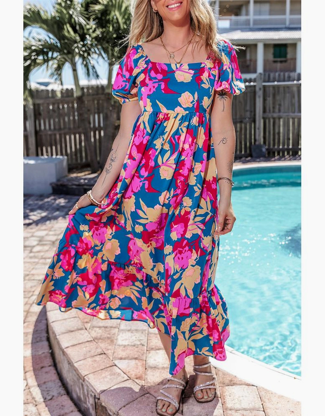 Dark Blue Square Neck Bubble Sleeve Ruffled Floral Dress