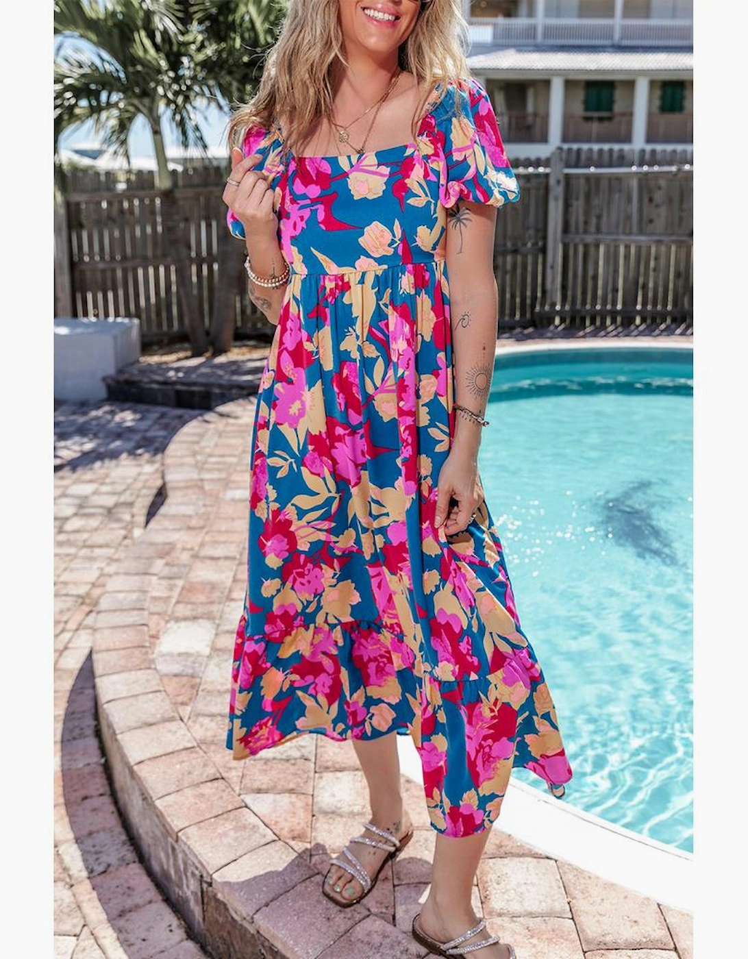 Dark Blue Square Neck Bubble Sleeve Ruffled Floral Dress