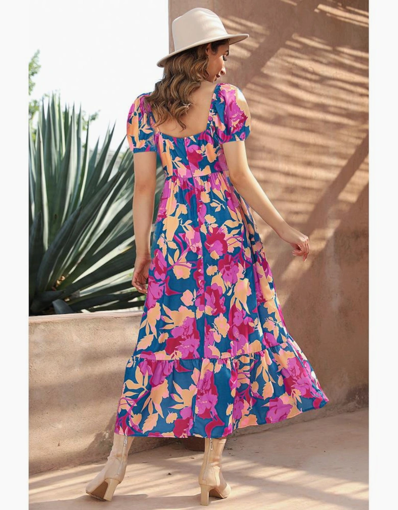 Dark Blue Square Neck Bubble Sleeve Ruffled Floral Dress