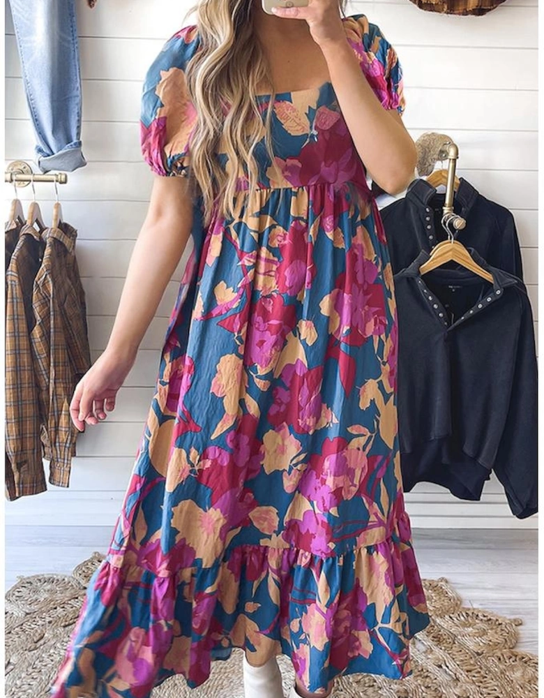 Dark Blue Square Neck Bubble Sleeve Ruffled Floral Dress