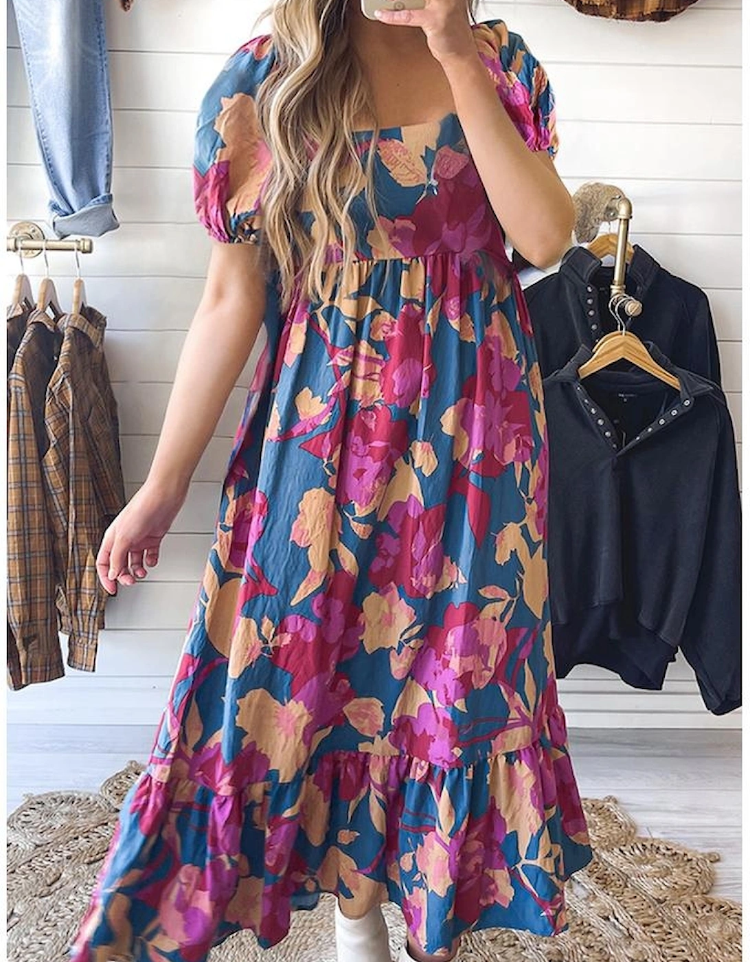 Dark Blue Square Neck Bubble Sleeve Ruffled Floral Dress