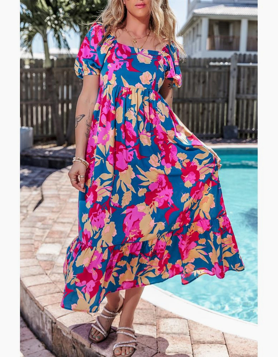 Dark Blue Square Neck Bubble Sleeve Ruffled Floral Dress