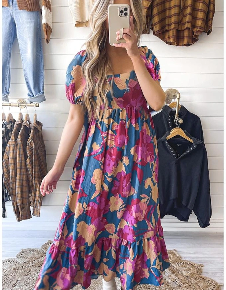 Dark Blue Square Neck Bubble Sleeve Ruffled Floral Dress