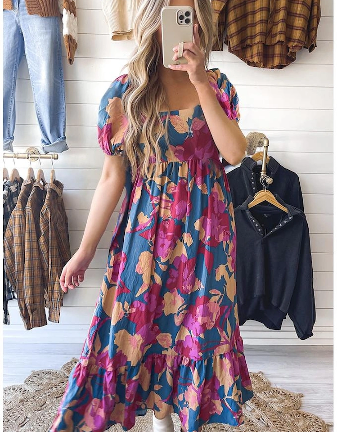 Dark Blue Square Neck Bubble Sleeve Ruffled Floral Dress