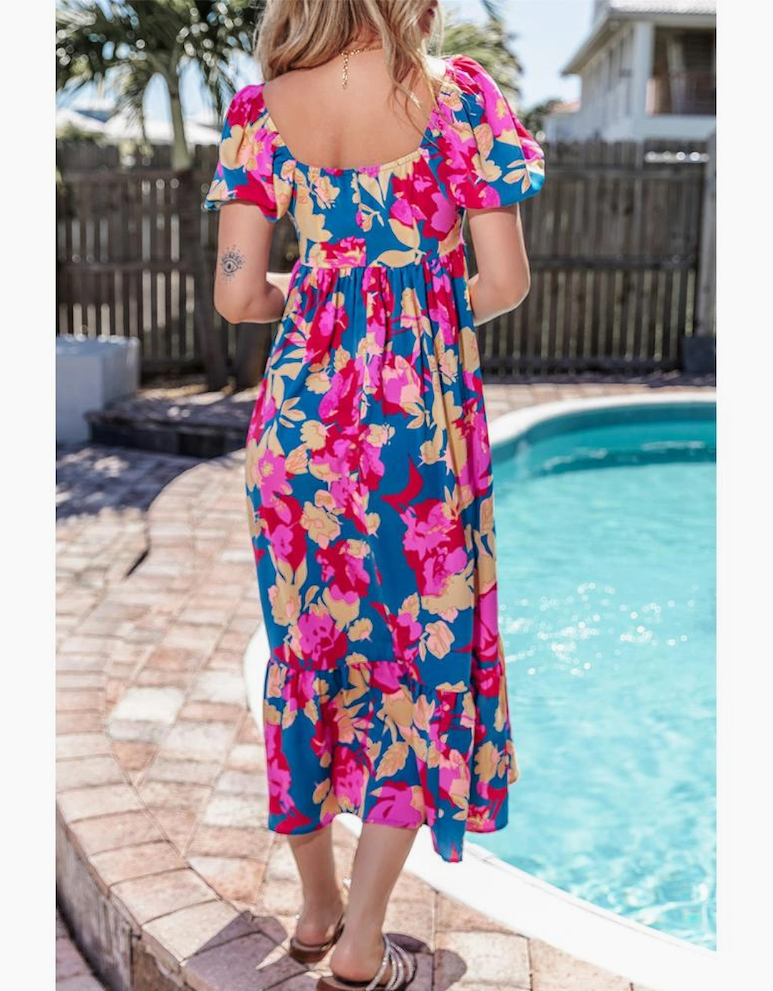 Dark Blue Square Neck Bubble Sleeve Ruffled Floral Dress