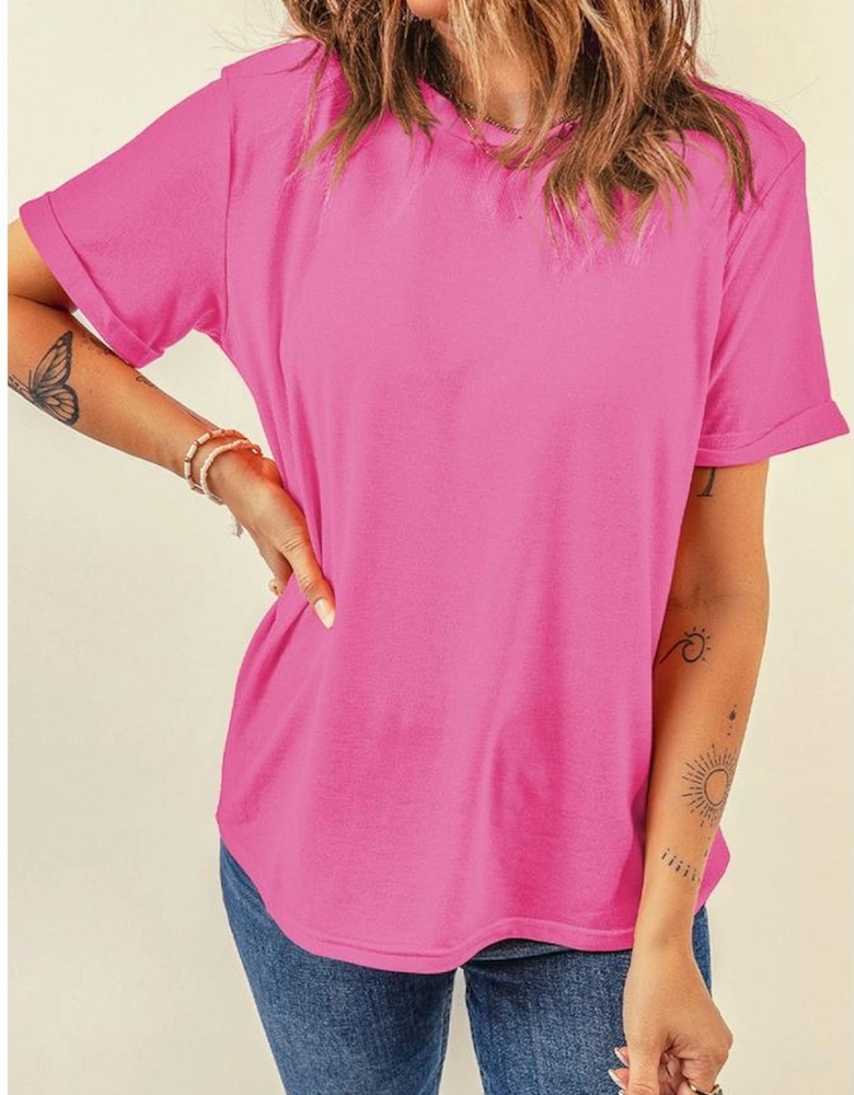 Sachet Pink Bright Casual Plain Crew Neck Tee