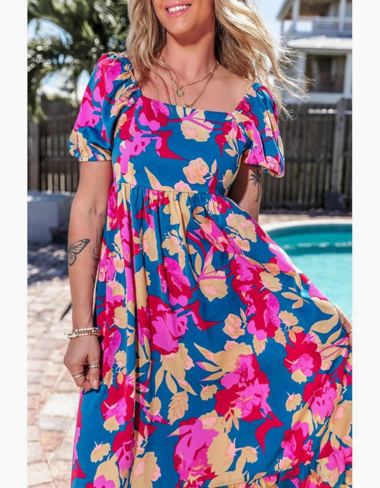 Dark Blue Square Neck Bubble Sleeve Ruffled Floral Dress
