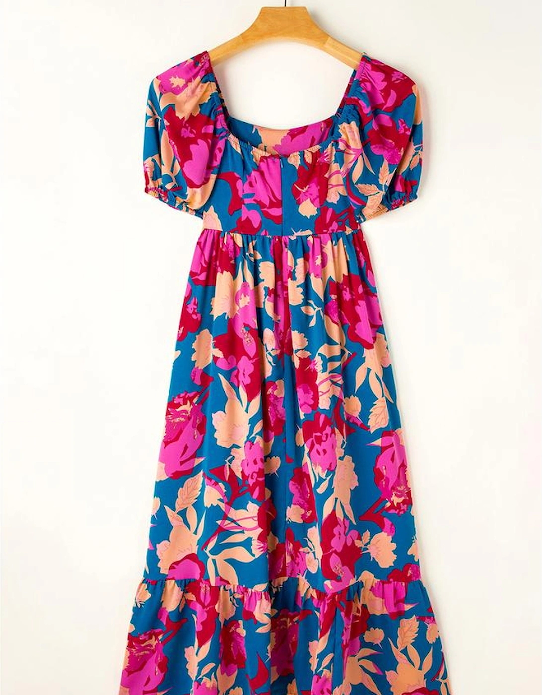 Dark Blue Square Neck Bubble Sleeve Ruffled Floral Dress