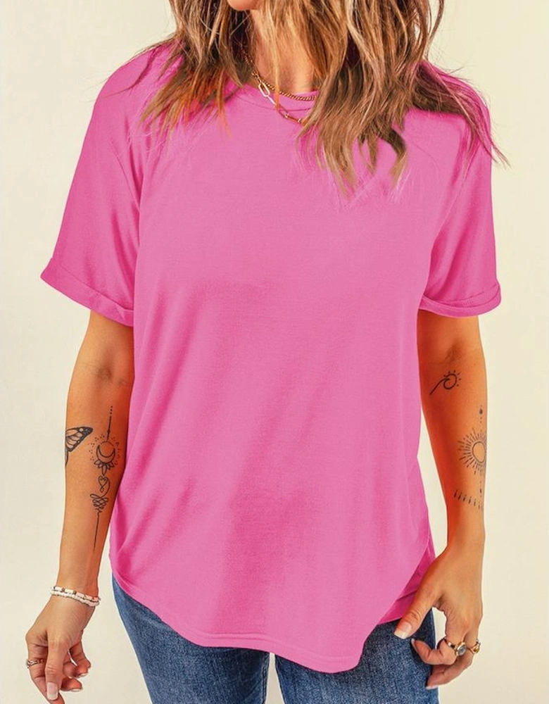 Sachet Pink Bright Casual Plain Crew Neck Tee