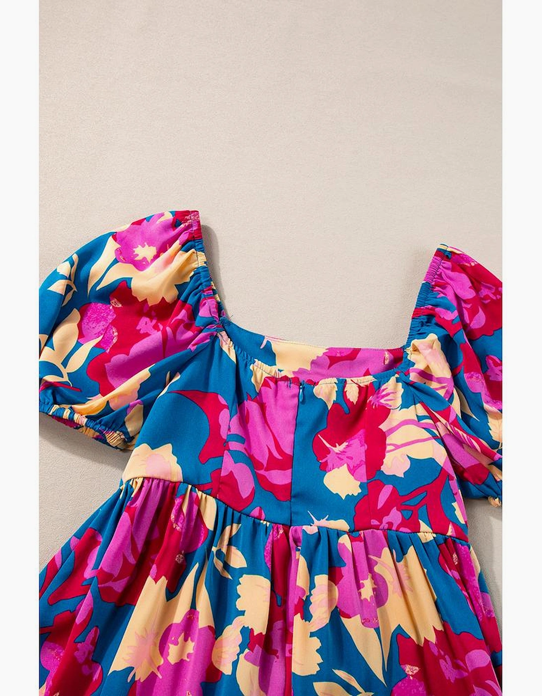 Dark Blue Square Neck Bubble Sleeve Ruffled Floral Dress