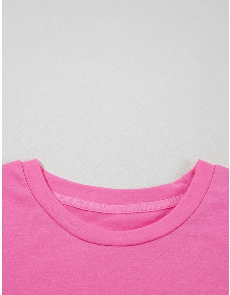 Sachet Pink Bright Casual Plain Crew Neck Tee