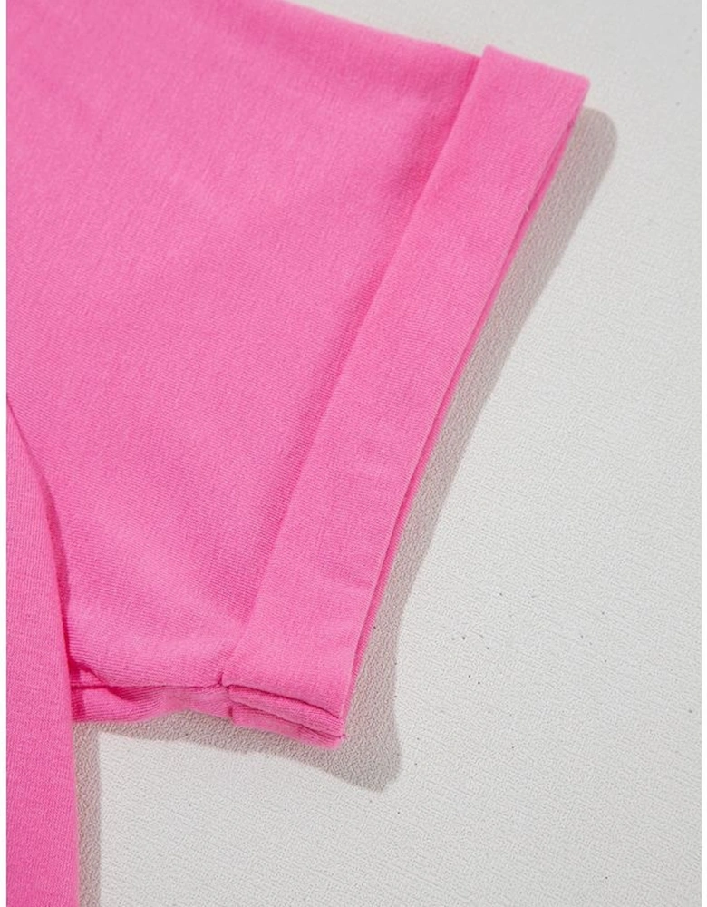 Sachet Pink Bright Casual Plain Crew Neck Tee