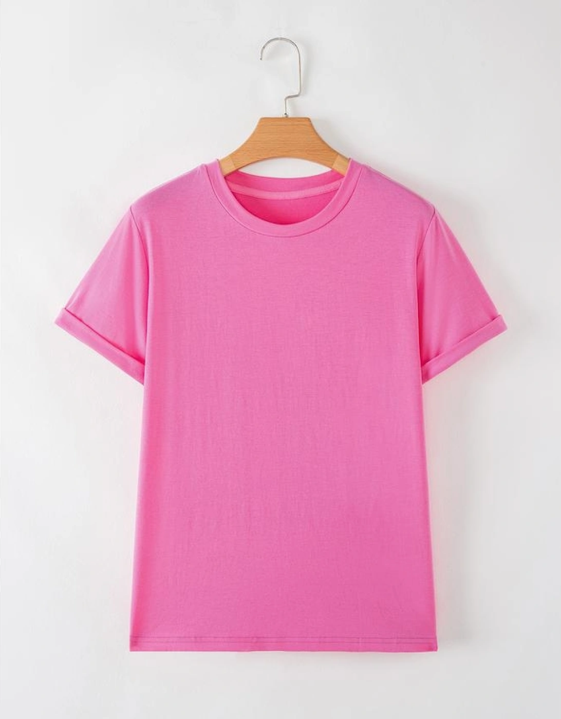 Sachet Pink Bright Casual Plain Crew Neck Tee