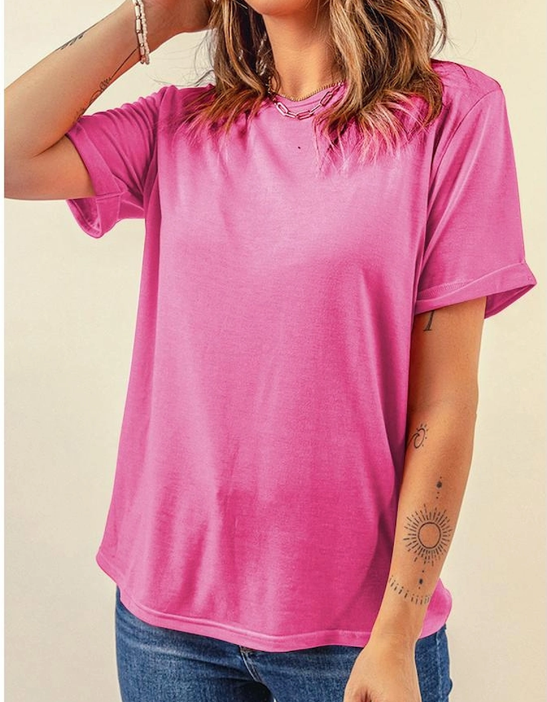 Sachet Pink Bright Casual Plain Crew Neck Tee