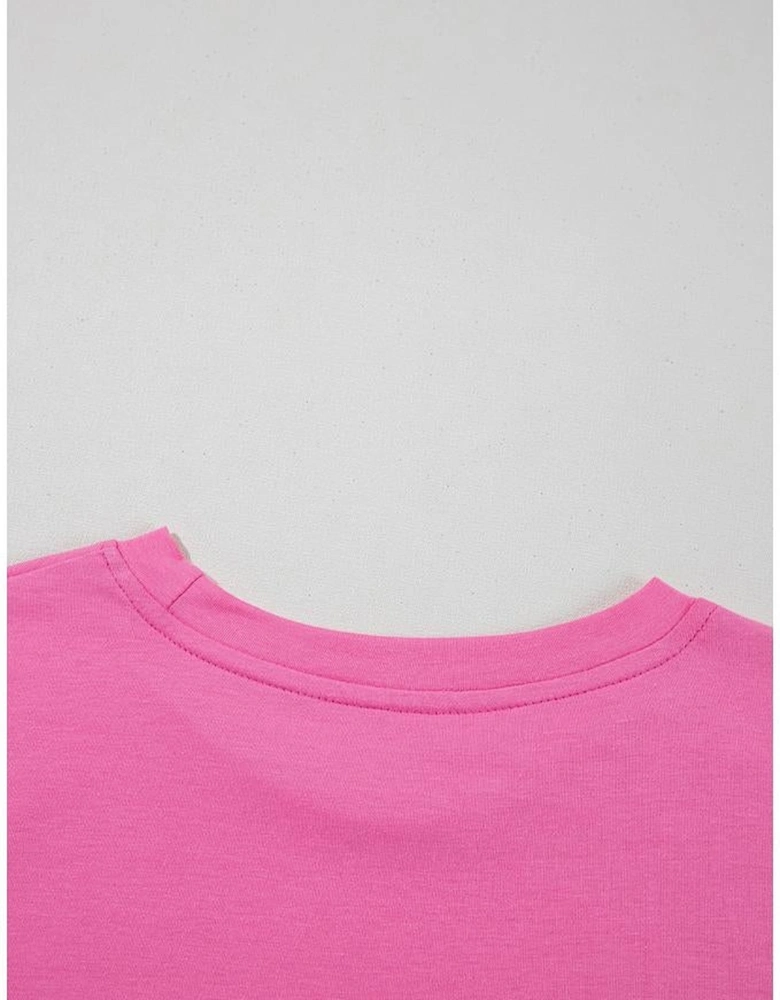 Sachet Pink Bright Casual Plain Crew Neck Tee