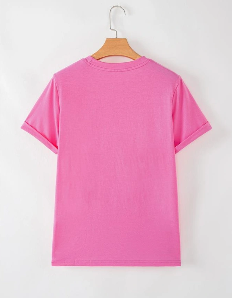 Sachet Pink Bright Casual Plain Crew Neck Tee