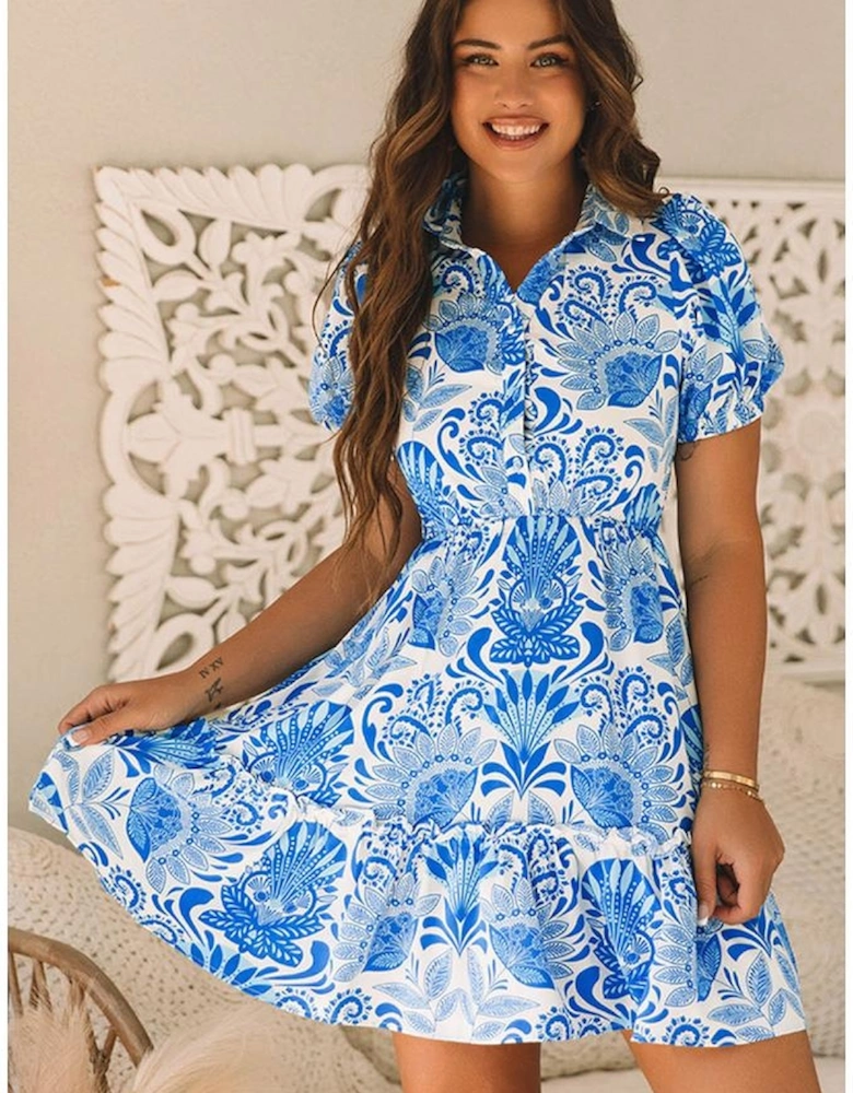 Sky Blue Retro Floral Print Drawstring Waist Ruffled Mini Dress