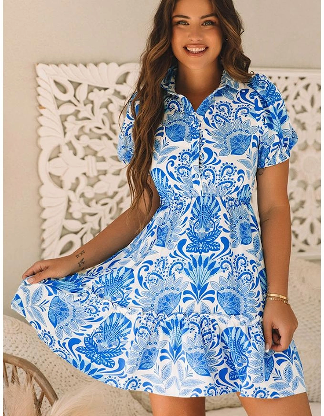 Sky Blue Retro Floral Print Drawstring Waist Ruffled Mini Dress, 14 of 13