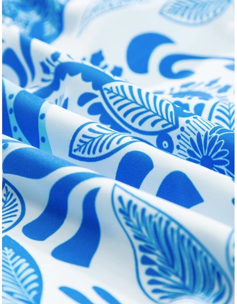 Sky Blue Retro Floral Print Drawstring Waist Ruffled Mini Dress