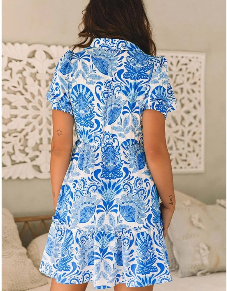Sky Blue Retro Floral Print Drawstring Waist Ruffled Mini Dress