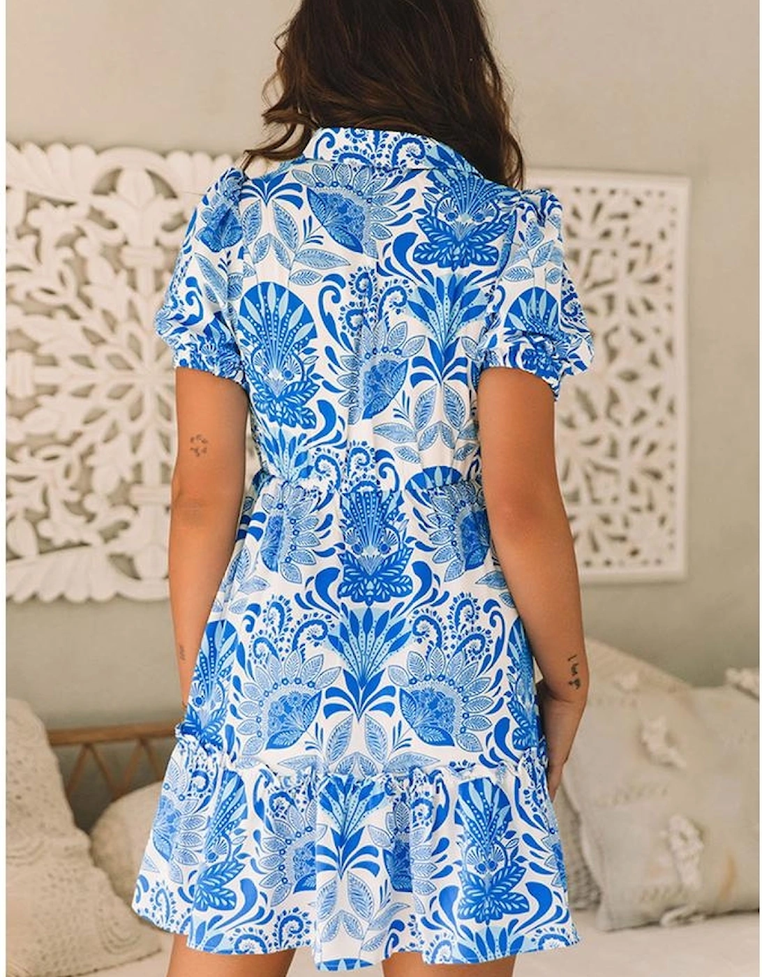 Sky Blue Retro Floral Print Drawstring Waist Ruffled Mini Dress