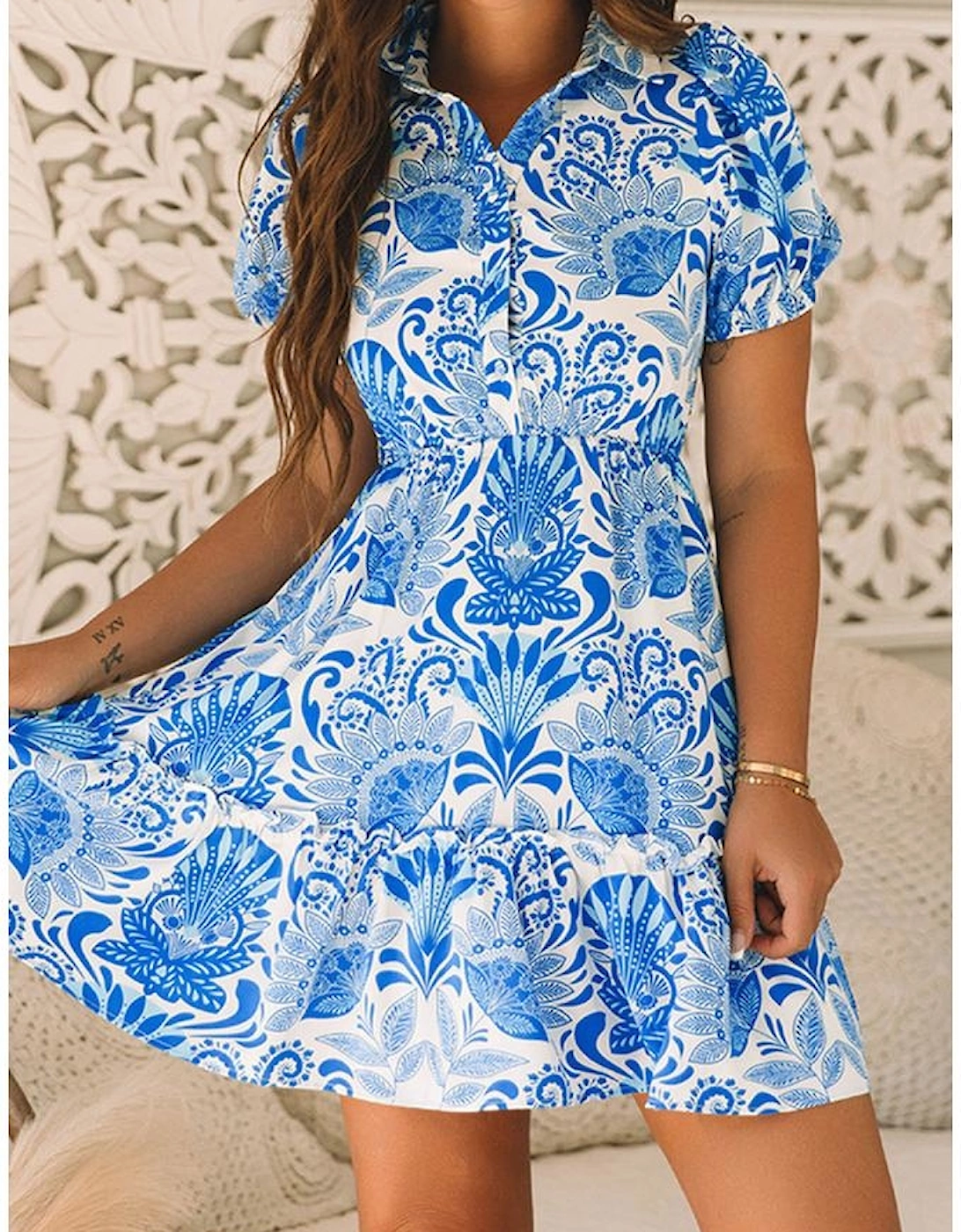 Sky Blue Retro Floral Print Drawstring Waist Ruffled Mini Dress