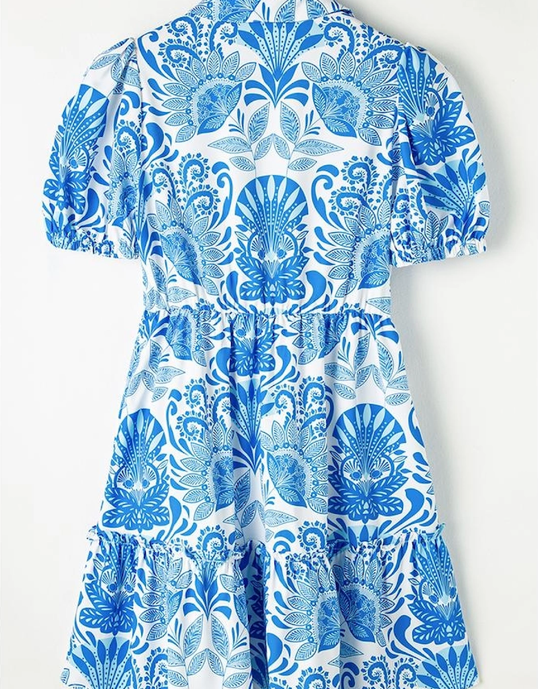Sky Blue Retro Floral Print Drawstring Waist Ruffled Mini Dress