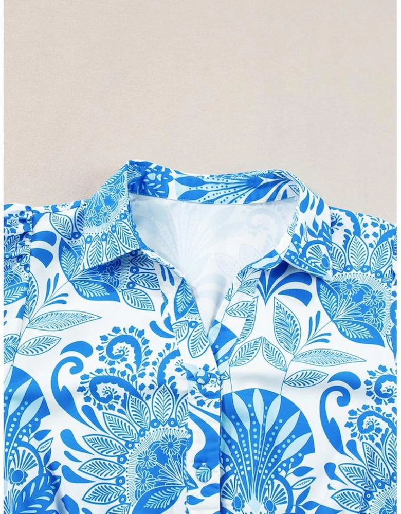 Sky Blue Retro Floral Print Drawstring Waist Ruffled Mini Dress