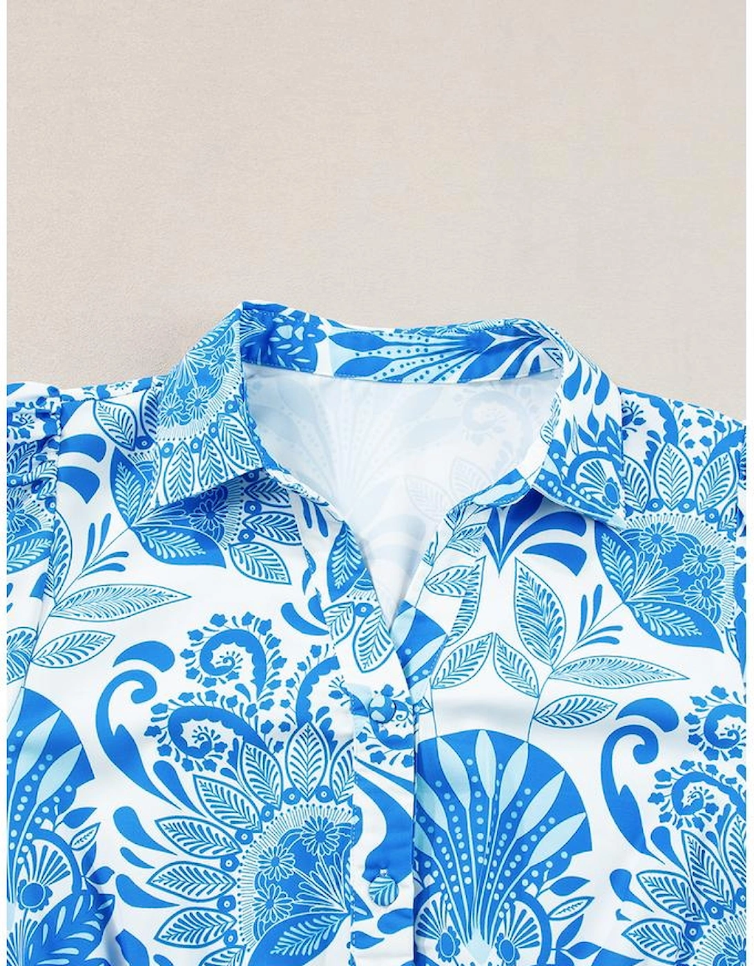 Sky Blue Retro Floral Print Drawstring Waist Ruffled Mini Dress