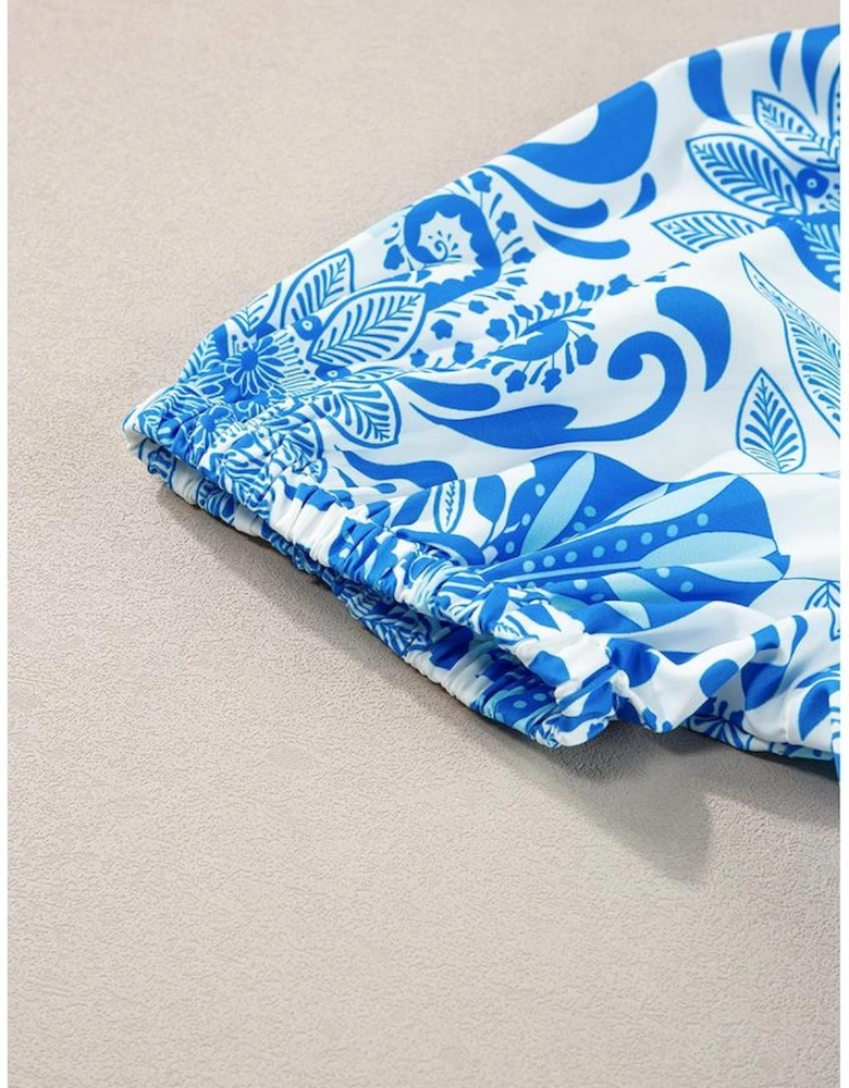 Sky Blue Retro Floral Print Drawstring Waist Ruffled Mini Dress