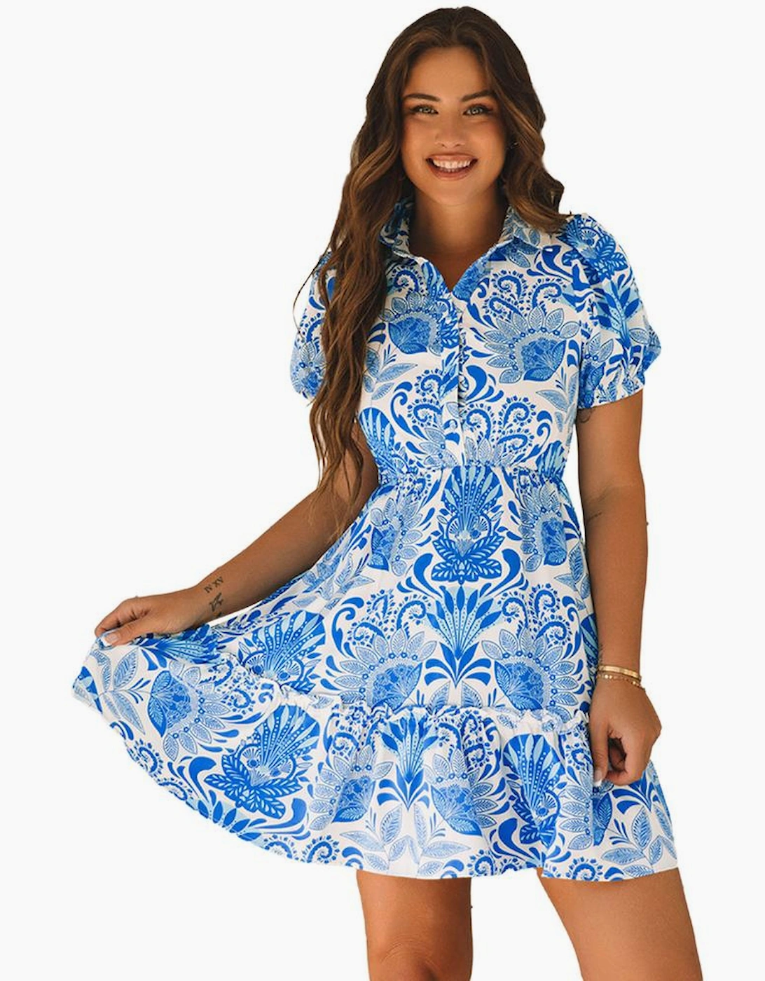 Sky Blue Retro Floral Print Drawstring Waist Ruffled Mini Dress