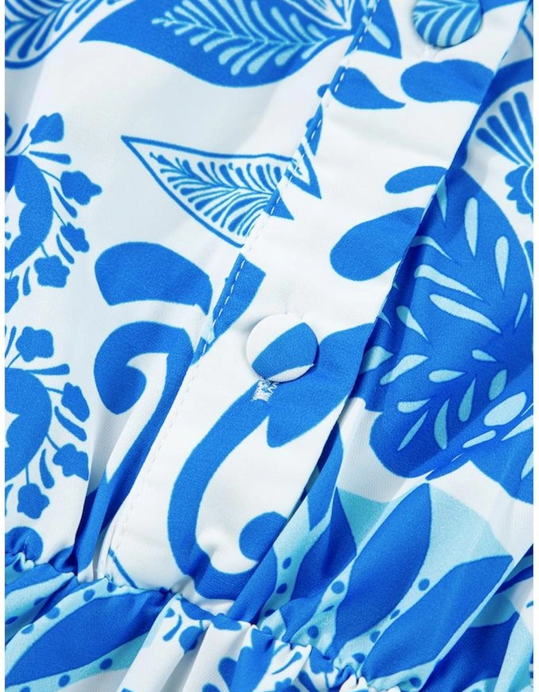 Sky Blue Retro Floral Print Drawstring Waist Ruffled Mini Dress