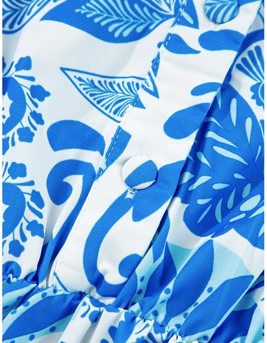 Sky Blue Retro Floral Print Drawstring Waist Ruffled Mini Dress