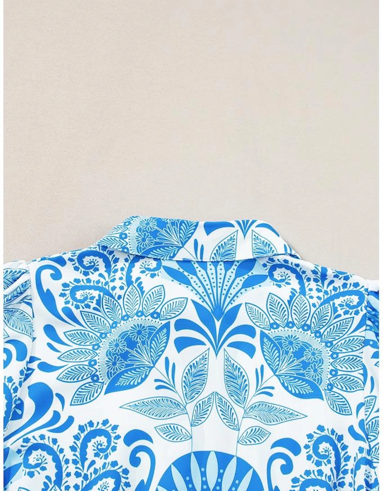 Sky Blue Retro Floral Print Drawstring Waist Ruffled Mini Dress