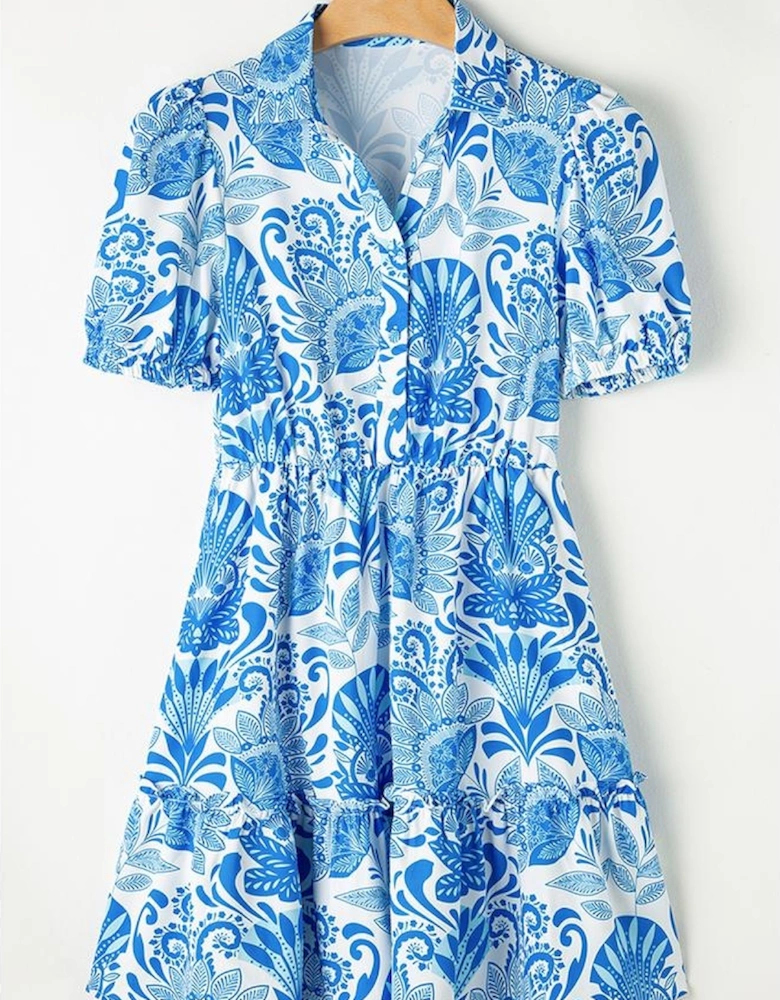 Sky Blue Retro Floral Print Drawstring Waist Ruffled Mini Dress
