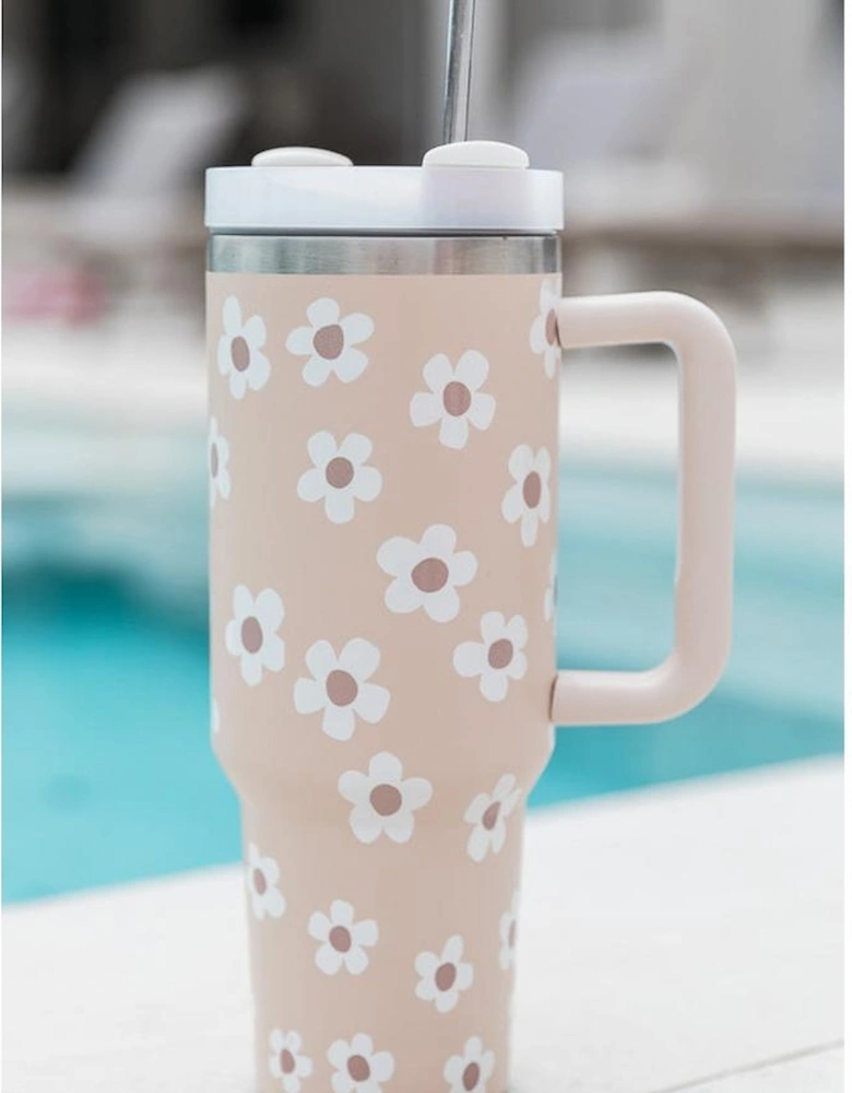 Parchment Floret Print Stainless Tumbler With Lid And Straw