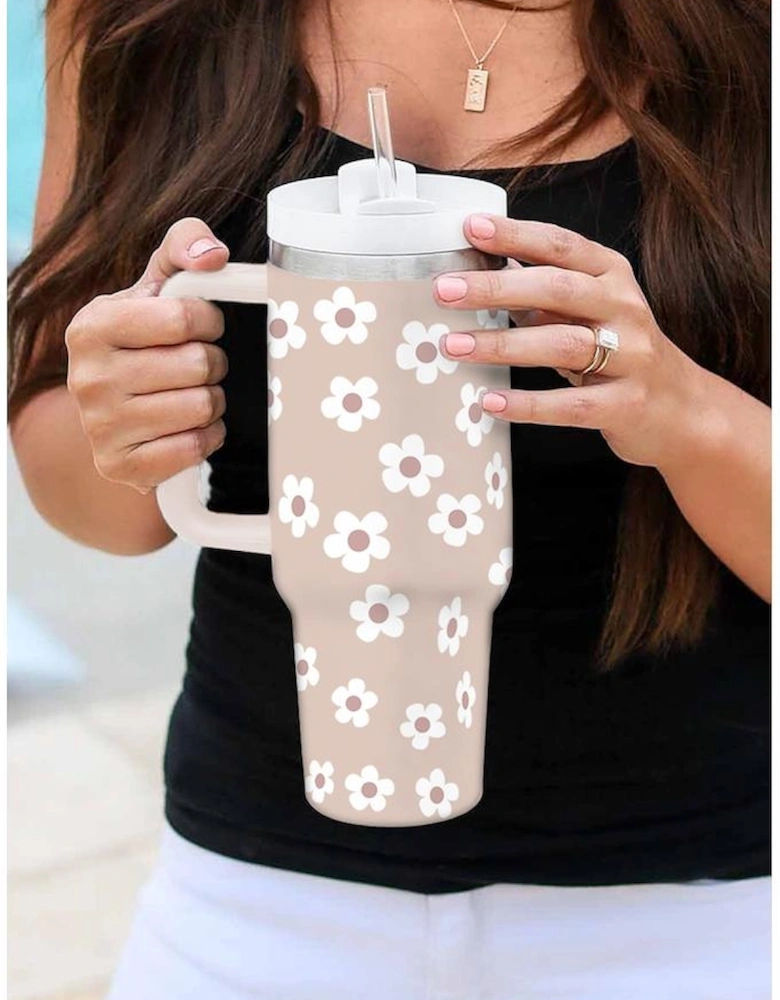 Parchment Floret Print Stainless Tumbler With Lid And Straw