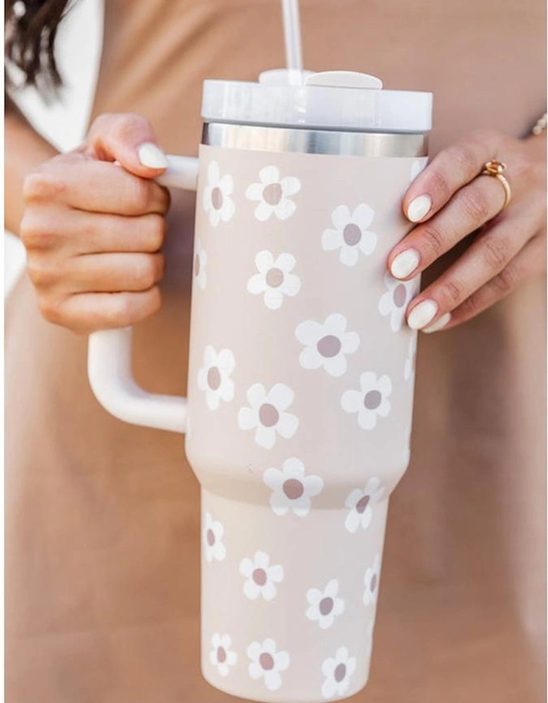 Parchment Floret Print Stainless Tumbler With Lid And Straw