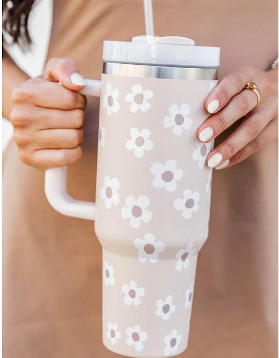 Parchment Floret Print Stainless Tumbler With Lid And Straw