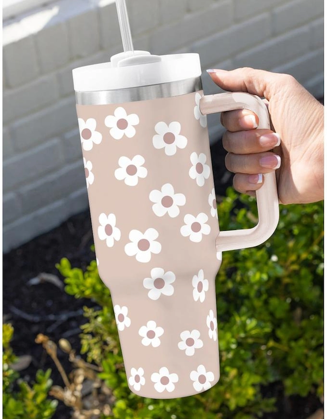 Parchment Floret Print Stainless Tumbler With Lid And Straw