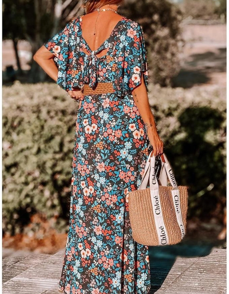 Sky Blue Floral Knotted Back Square Neck Maxi Dress