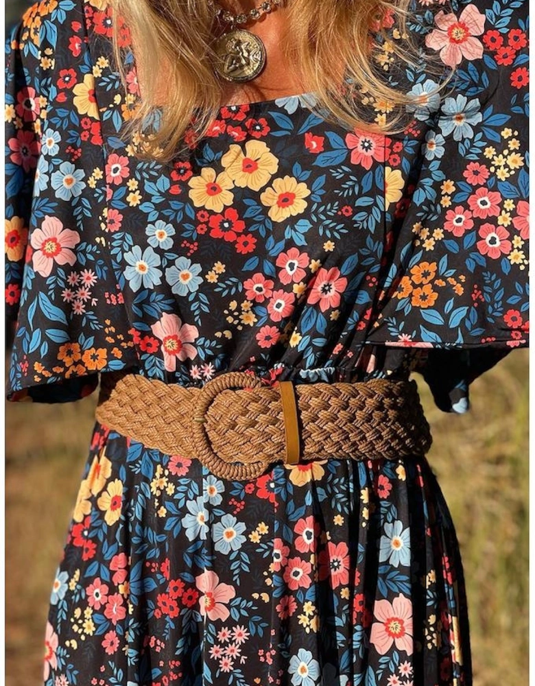 Sky Blue Floral Knotted Back Square Neck Maxi Dress