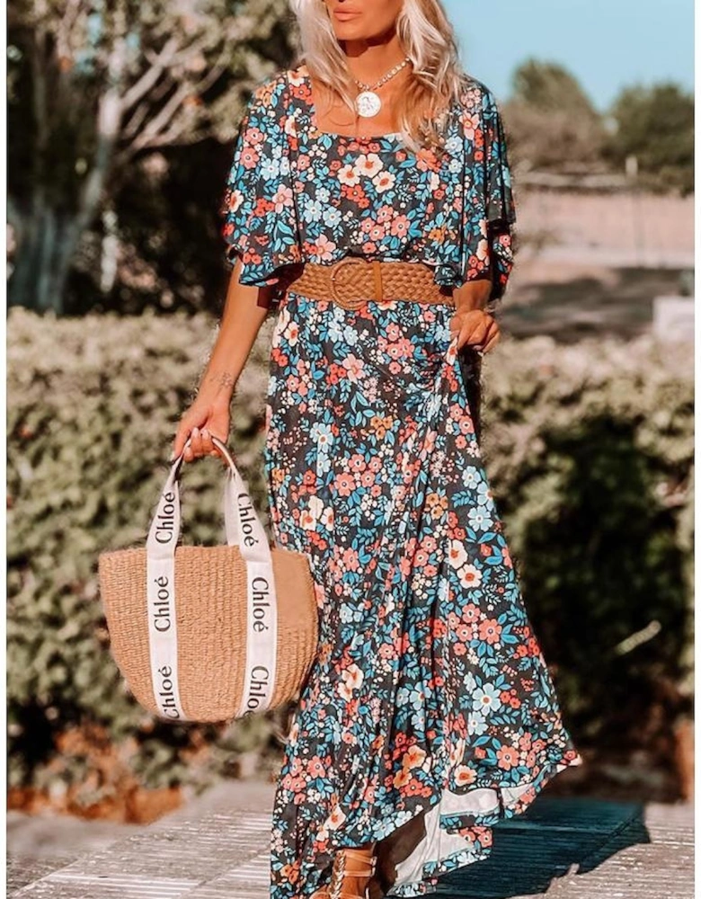 Sky Blue Floral Knotted Back Square Neck Maxi Dress