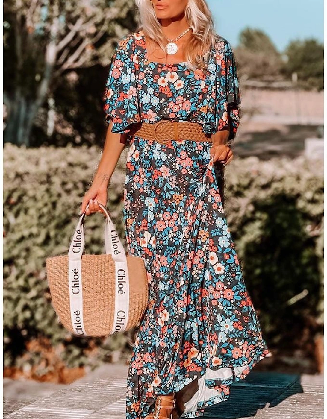 Sky Blue Floral Knotted Back Square Neck Maxi Dress