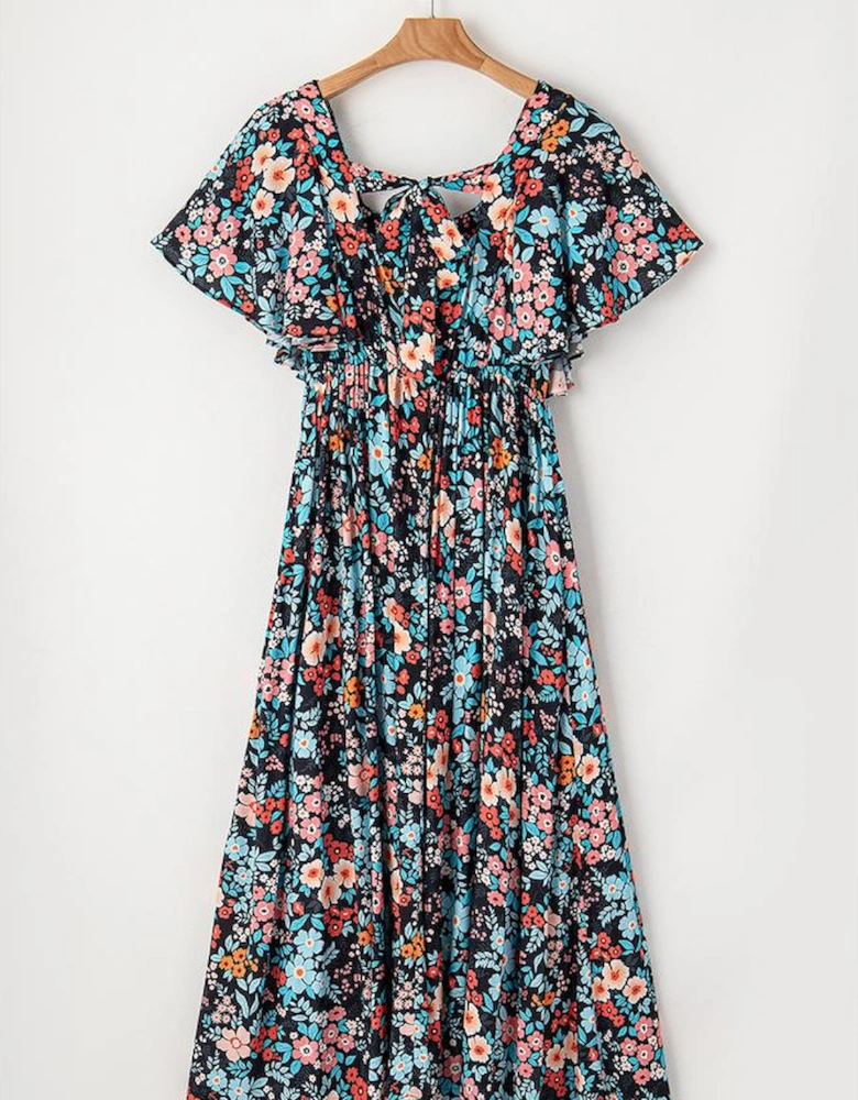 Sky Blue Floral Knotted Back Square Neck Maxi Dress