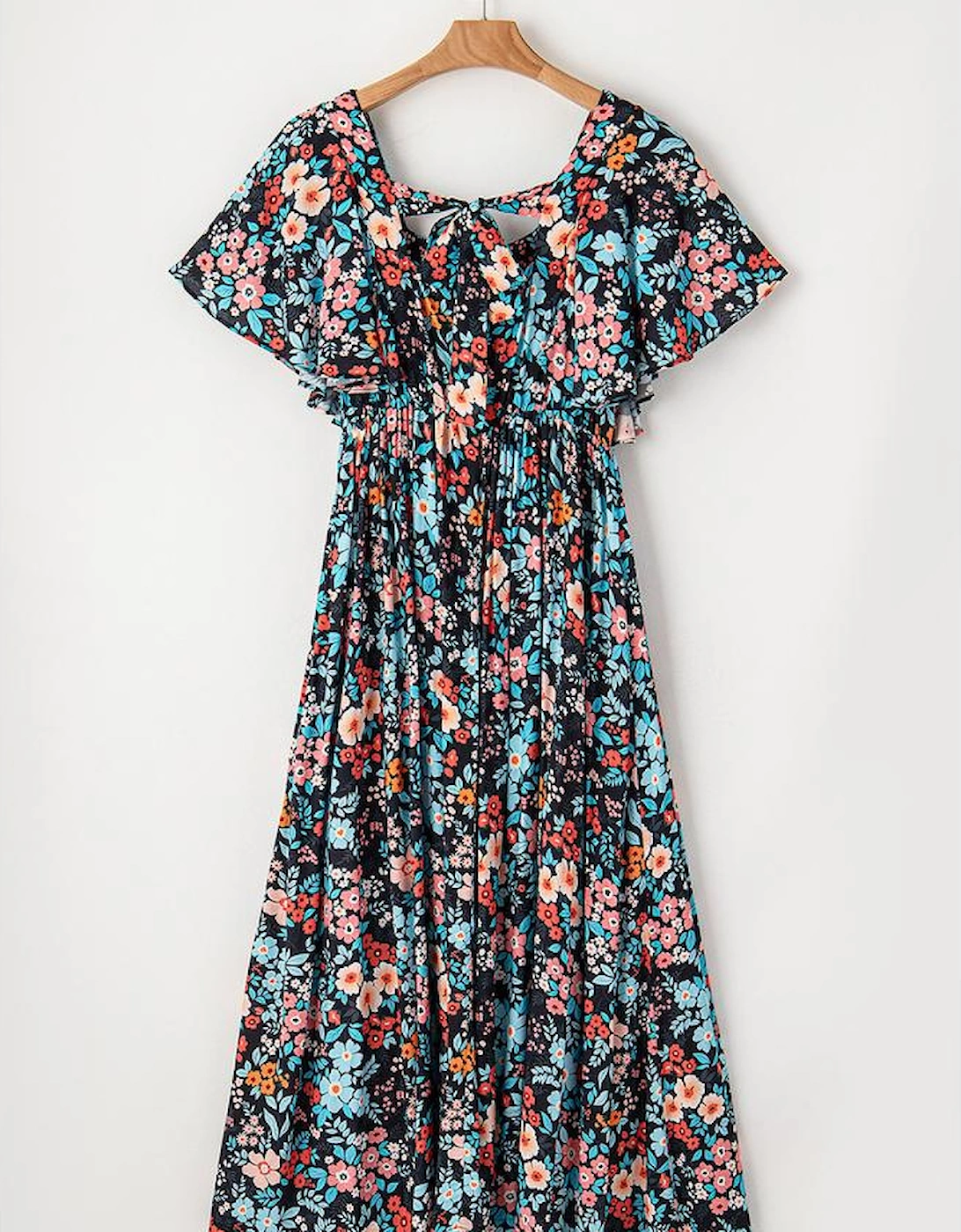 Sky Blue Floral Knotted Back Square Neck Maxi Dress