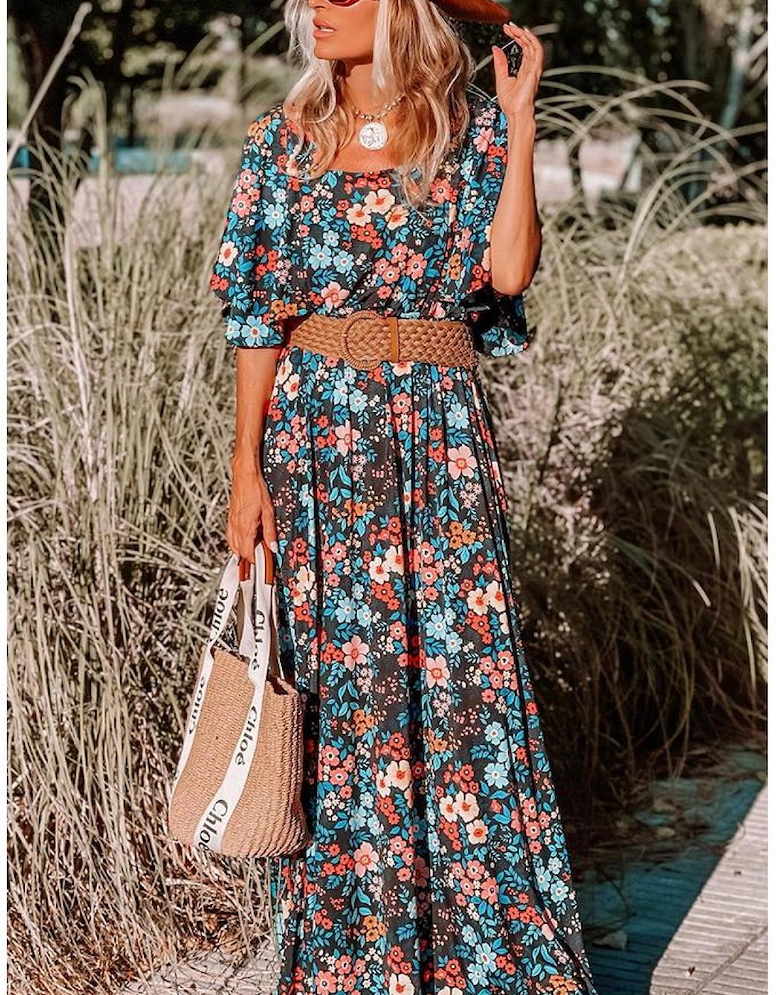 Sky Blue Floral Knotted Back Square Neck Maxi Dress