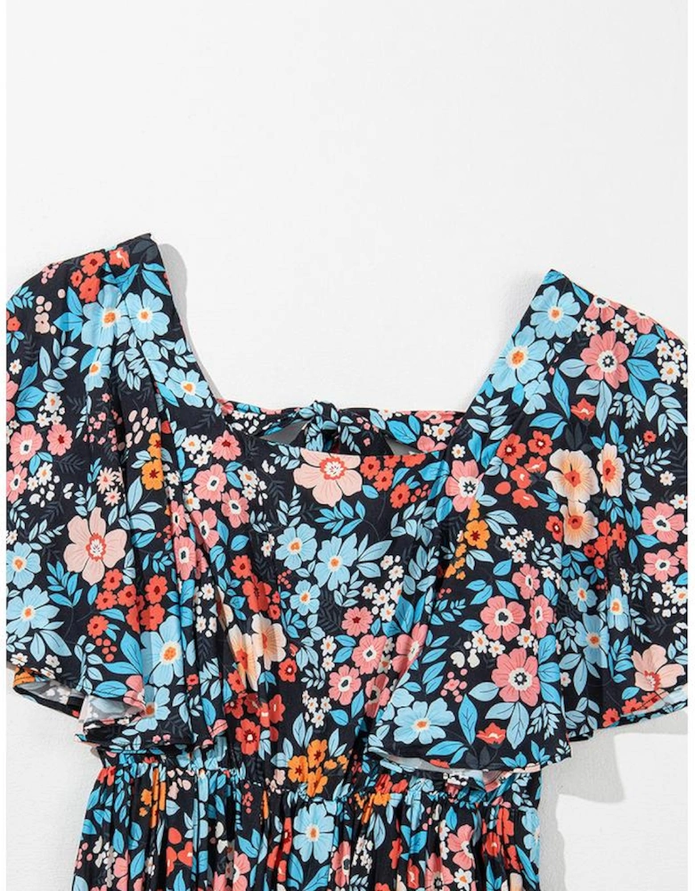 Sky Blue Floral Knotted Back Square Neck Maxi Dress