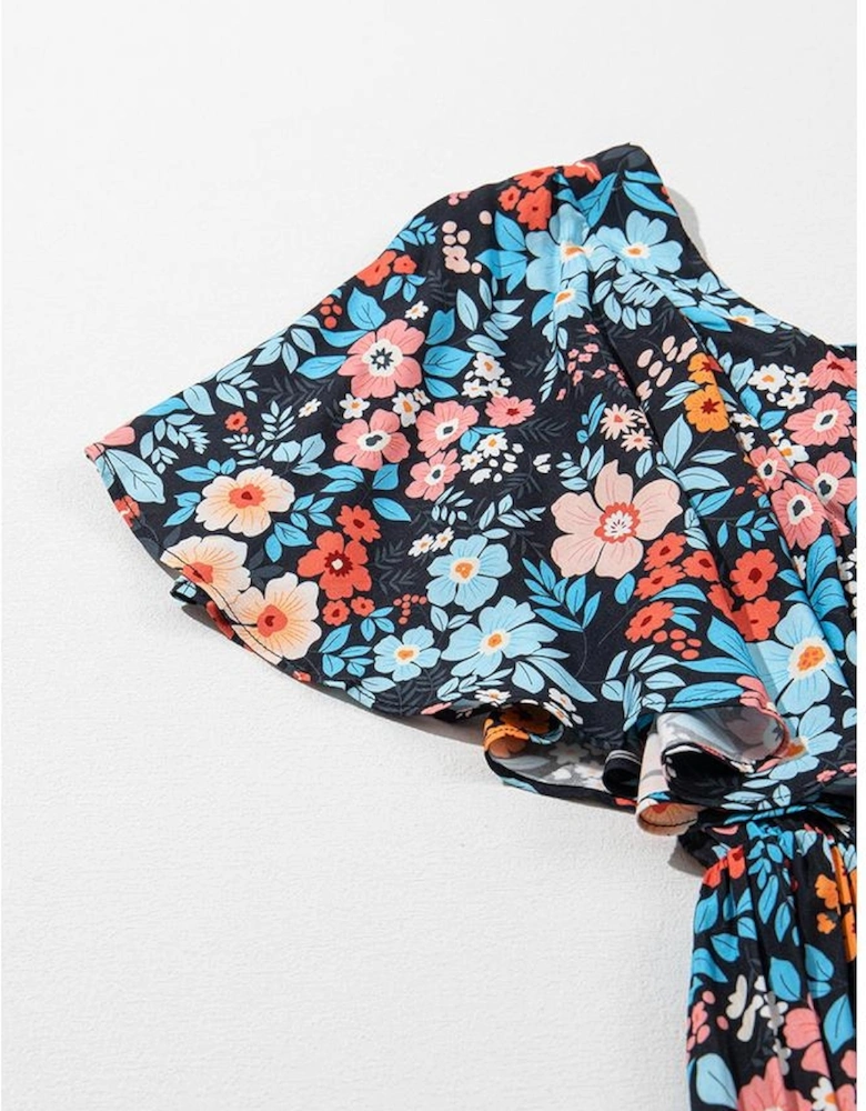 Sky Blue Floral Knotted Back Square Neck Maxi Dress