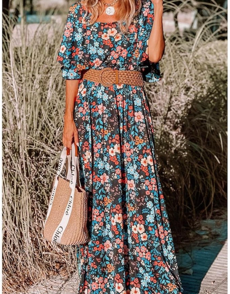 Sky Blue Floral Knotted Back Square Neck Maxi Dress